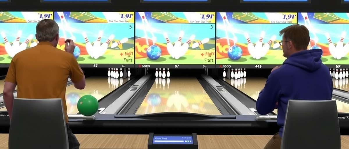 Bowling Brilliance gameplay showing a player analyzing the lane before bowling, with a friend giving advice