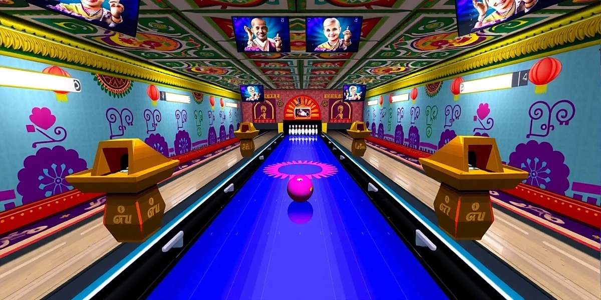 Bowling Brilliance game screenshot showing players competing in a colorful Indian bowling alley with traditional decorations